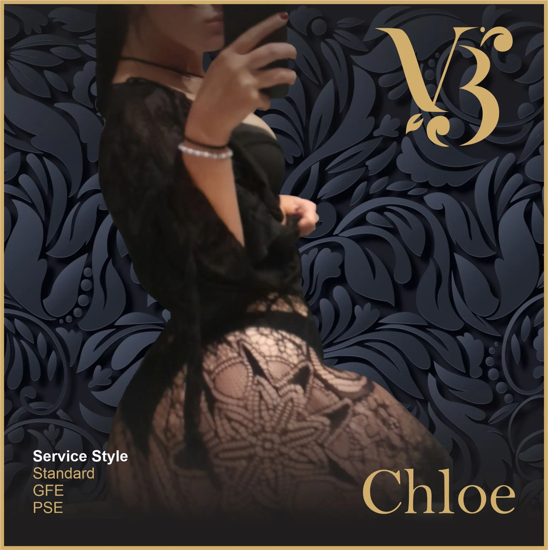 A woman in black lace lingerie took a mirror selfie, with a dark decorative background featuring a large gold 'VB' logo and the name 'Chloe' in gold text. The lower left corner has service style information.
