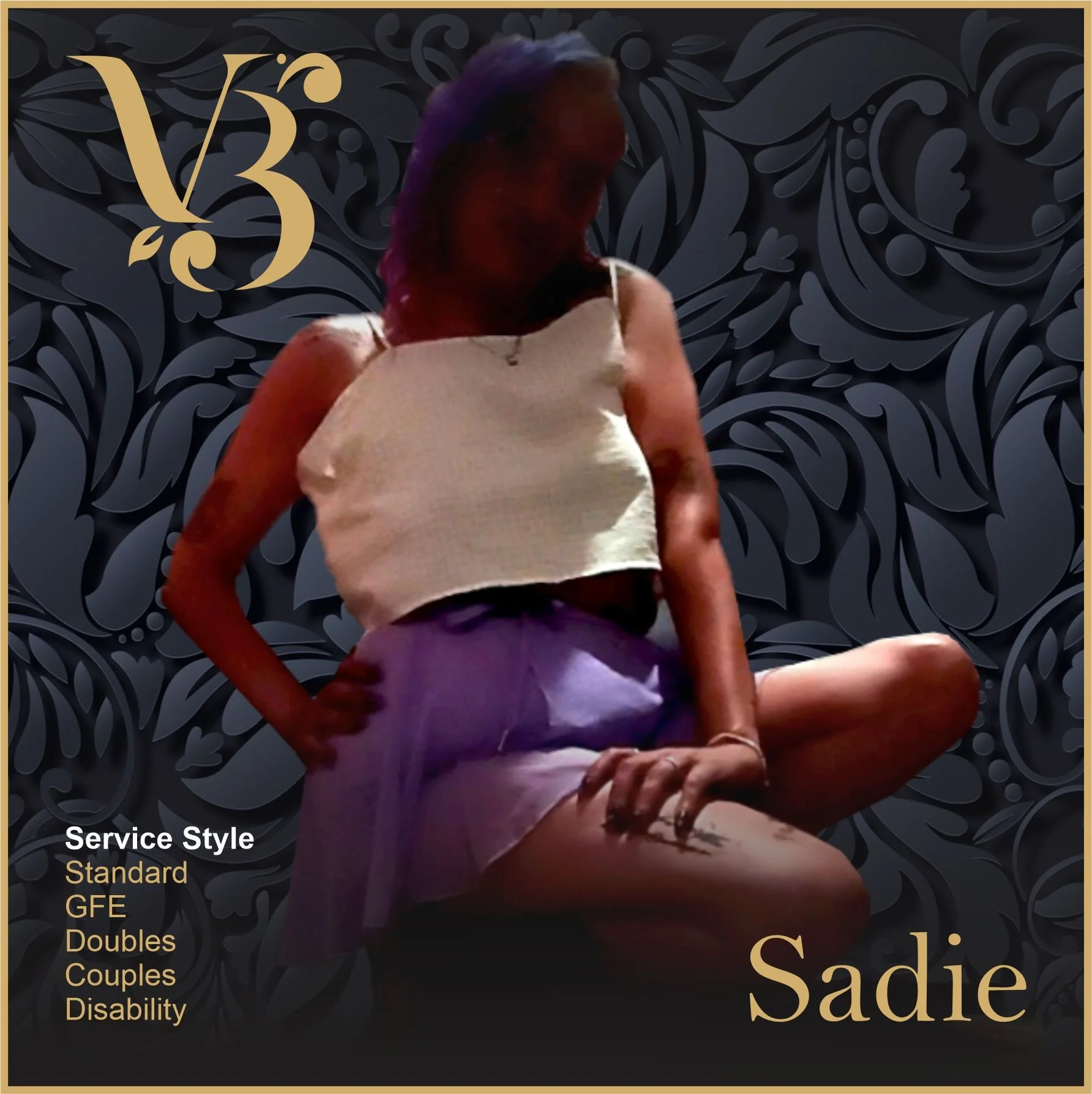 A woman sitting with one leg bent and her hand resting on her knee, wearing a beige crop top and purple shorts, against a dark patterned background. The text on the image reads 'Sadie' in the bottom right corner, with service style options listed on the side.