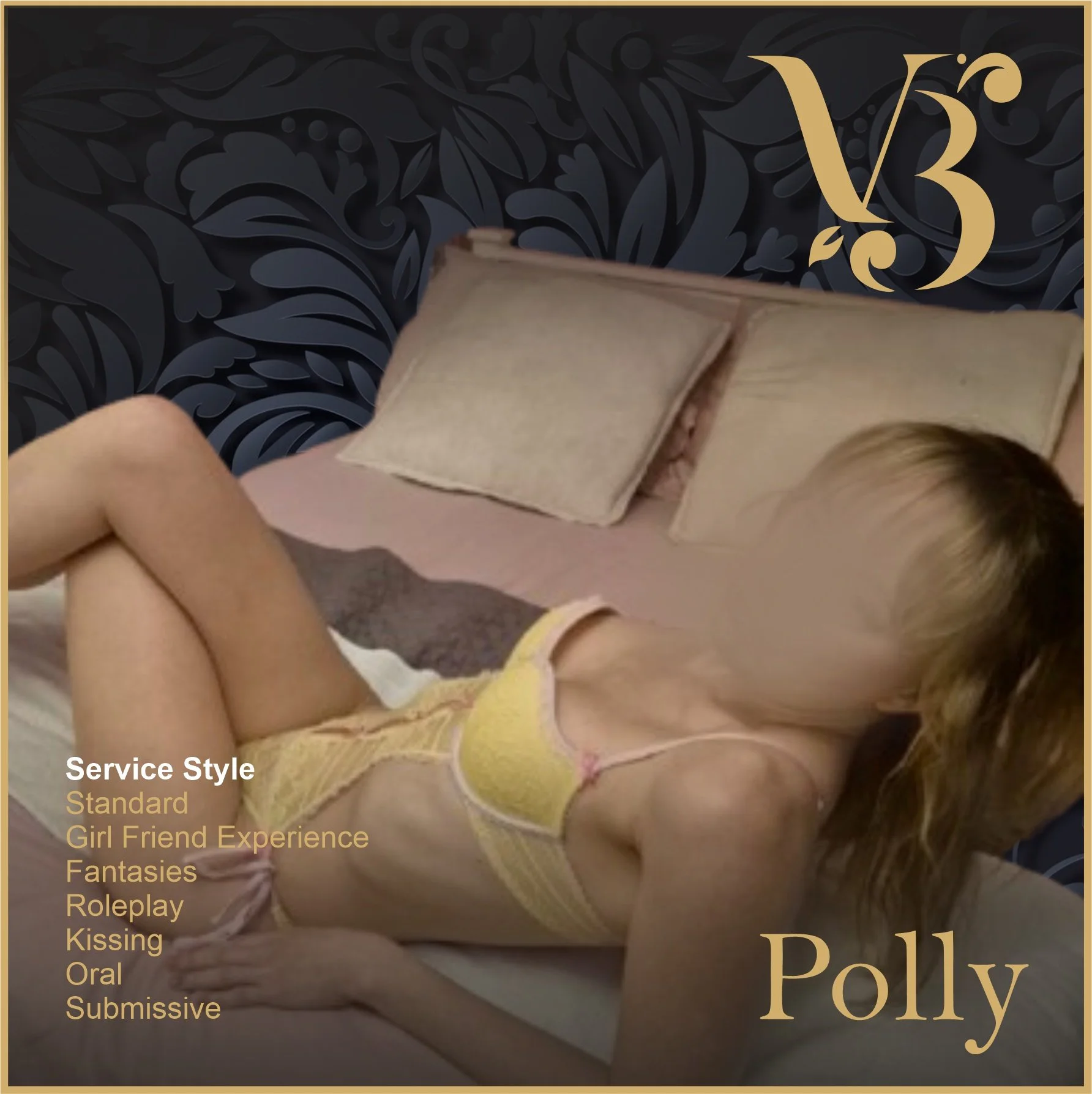 A woman lying on a bed in a yellow lingerie, with text over the image indicating service style and experience details, and the name Polly, against a dark floral-patterned background.