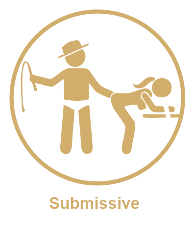 Icon of a person with a hat holding a whip, standing next to another person on all fours, with the word 'Submissive' below, all in a circular design.