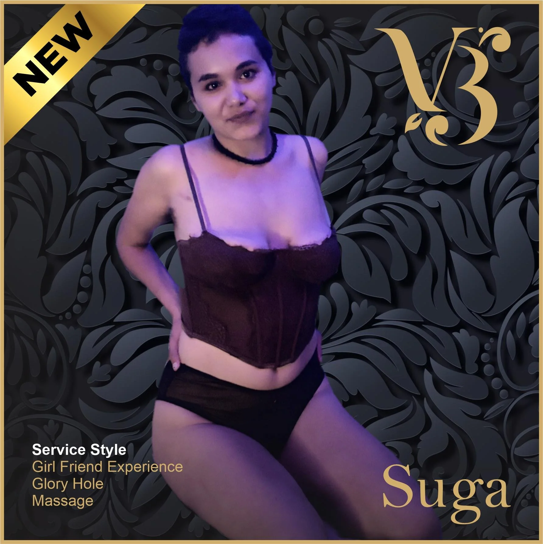 A woman with short dark hair and a choker necklace standing against a black floral-patterned background, wearing a dark purple lace corset and black shorts, with a graphic overlay promoting services such as girl friend experience, glory hole, and massage.