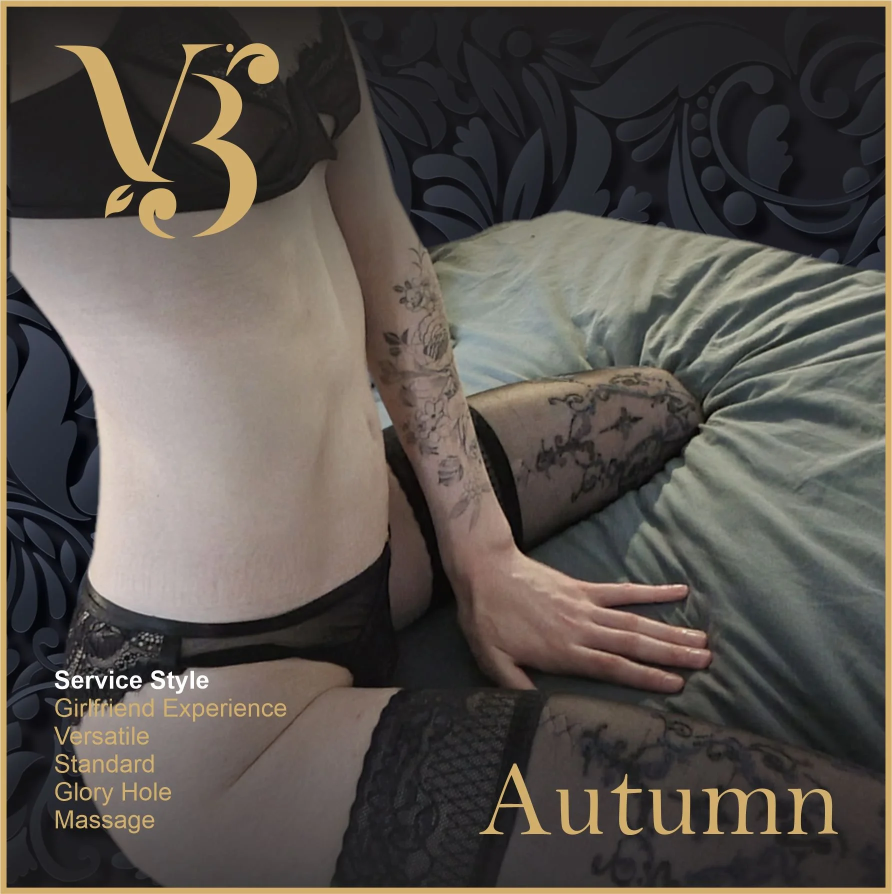 A woman in black lingerie with floral tattoos on her arm and leg, laying on a bed with gray sheets, promotional text for a service called 'Autumn' highlighting experience, versatility, standard, glory hole, and massage.