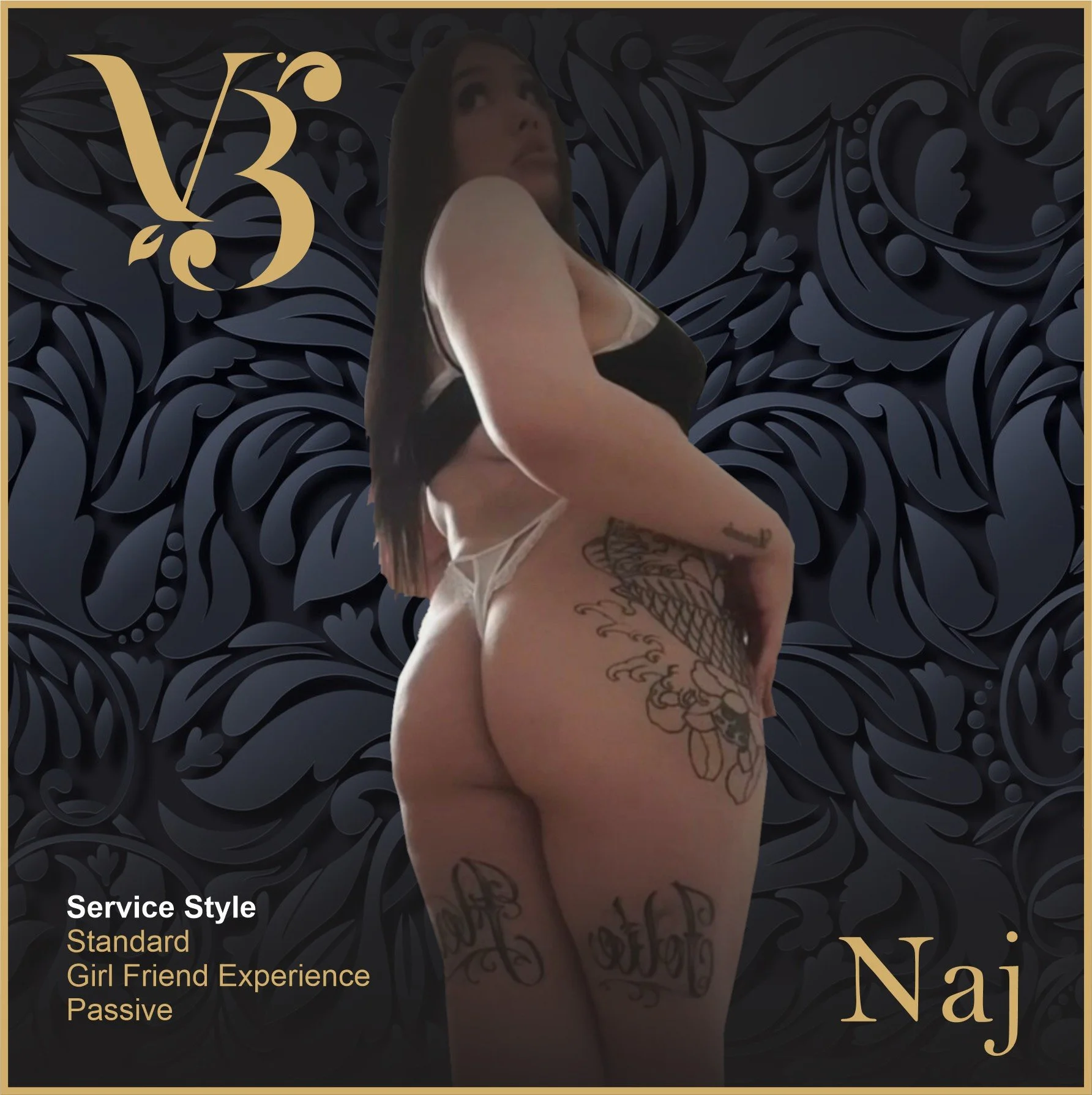 Image of a woman with long dark hair, tattoos on her leg and back, wearing black and white lingerie, posing against a dark floral patterned background with a gold logo in the top left corner and the name 'Naj' in the bottom right corner.