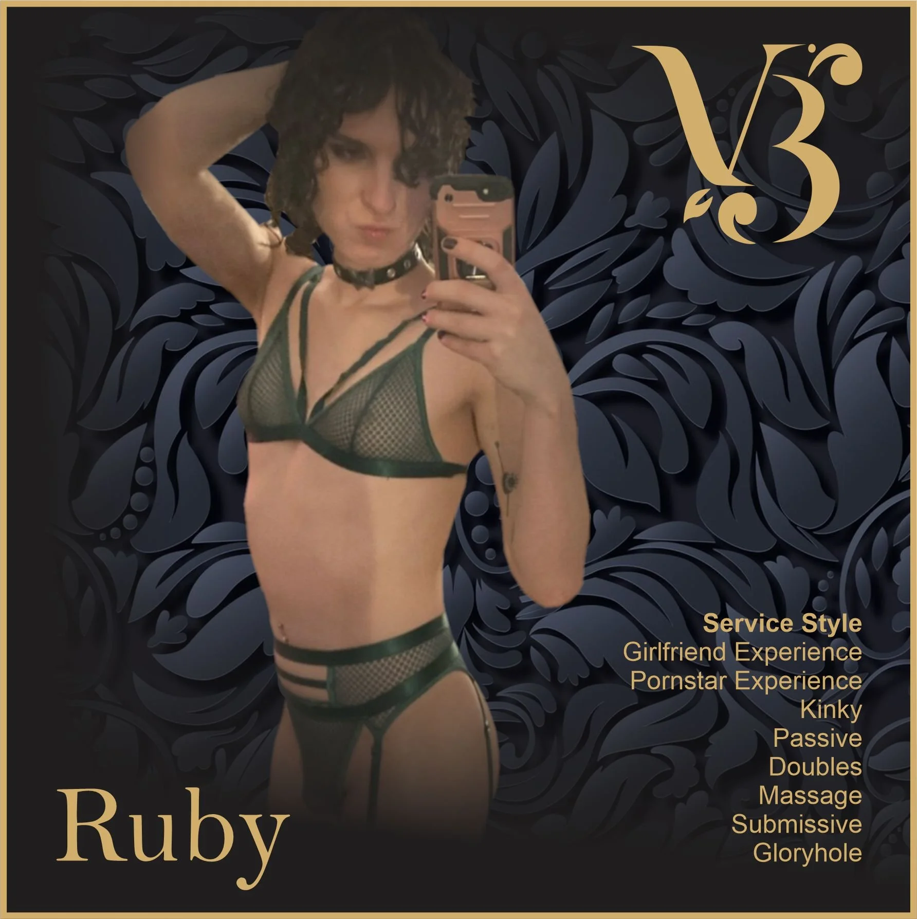 A woman taking a selfie wearing black lingerie with a mesh pattern, black chokers, in front of a black and gold artistic background with the name 'Ruby' and service descriptions related to adult services.