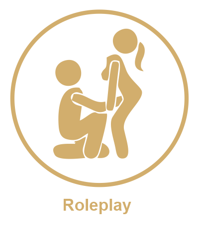 A stick figure kneeling and holding the hand of another stick figure, with the word 'Roleplay' below, all within a circular border.