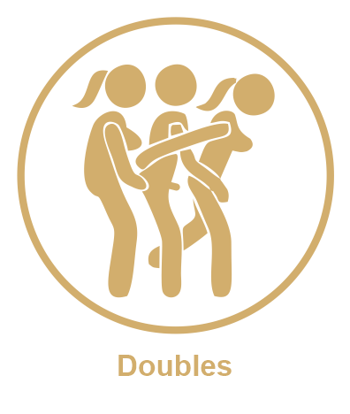 Graphic of three stylized figures practicing doubles tennis, with the word 'Doubles' below. The image is outlined in gold on a black background.
