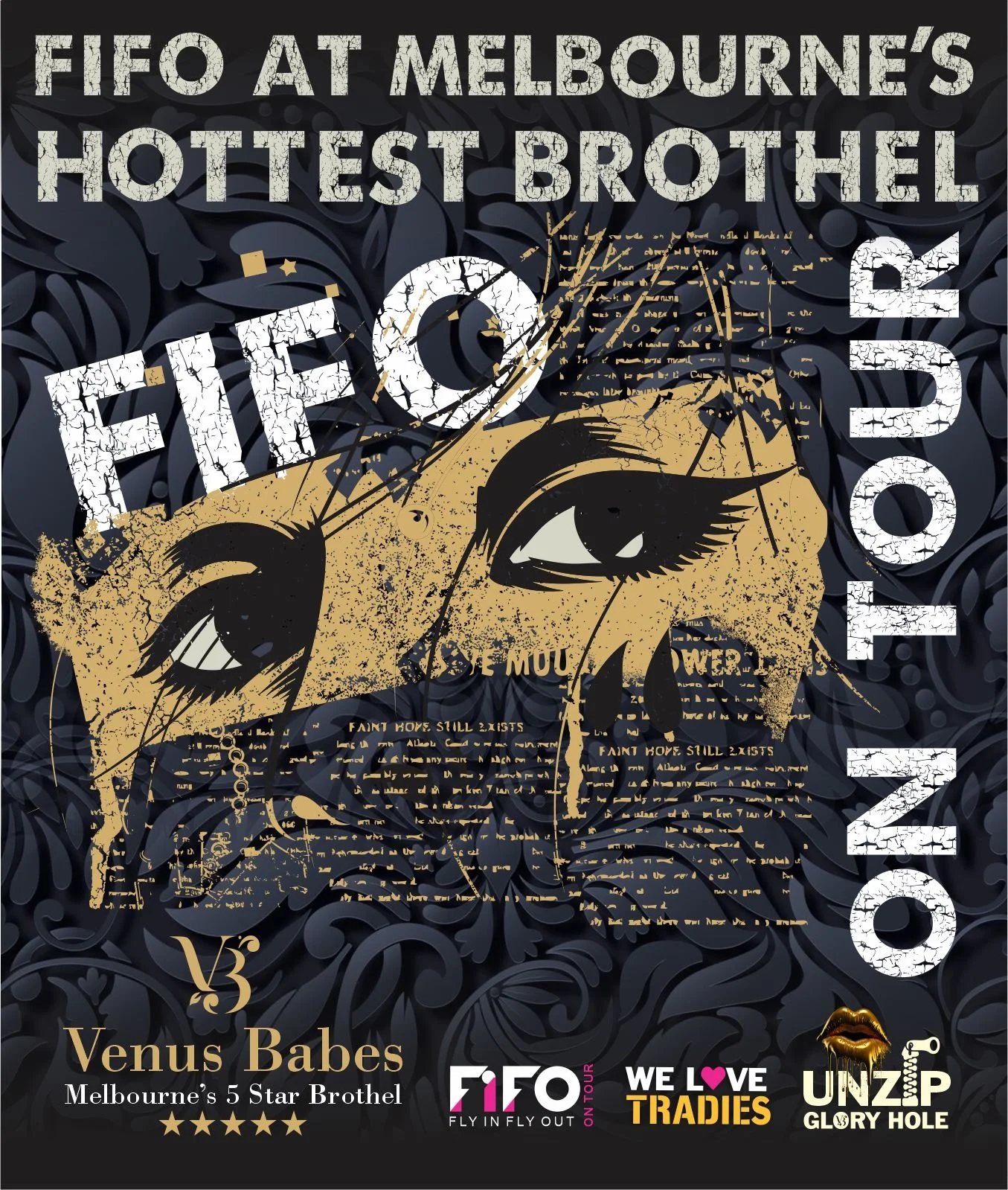 Poster advertising FIFO at Melbourne's hottest brothel, Venus Babes, with stylized illustrations of a woman's eyes and face, and various promotional logos and text.