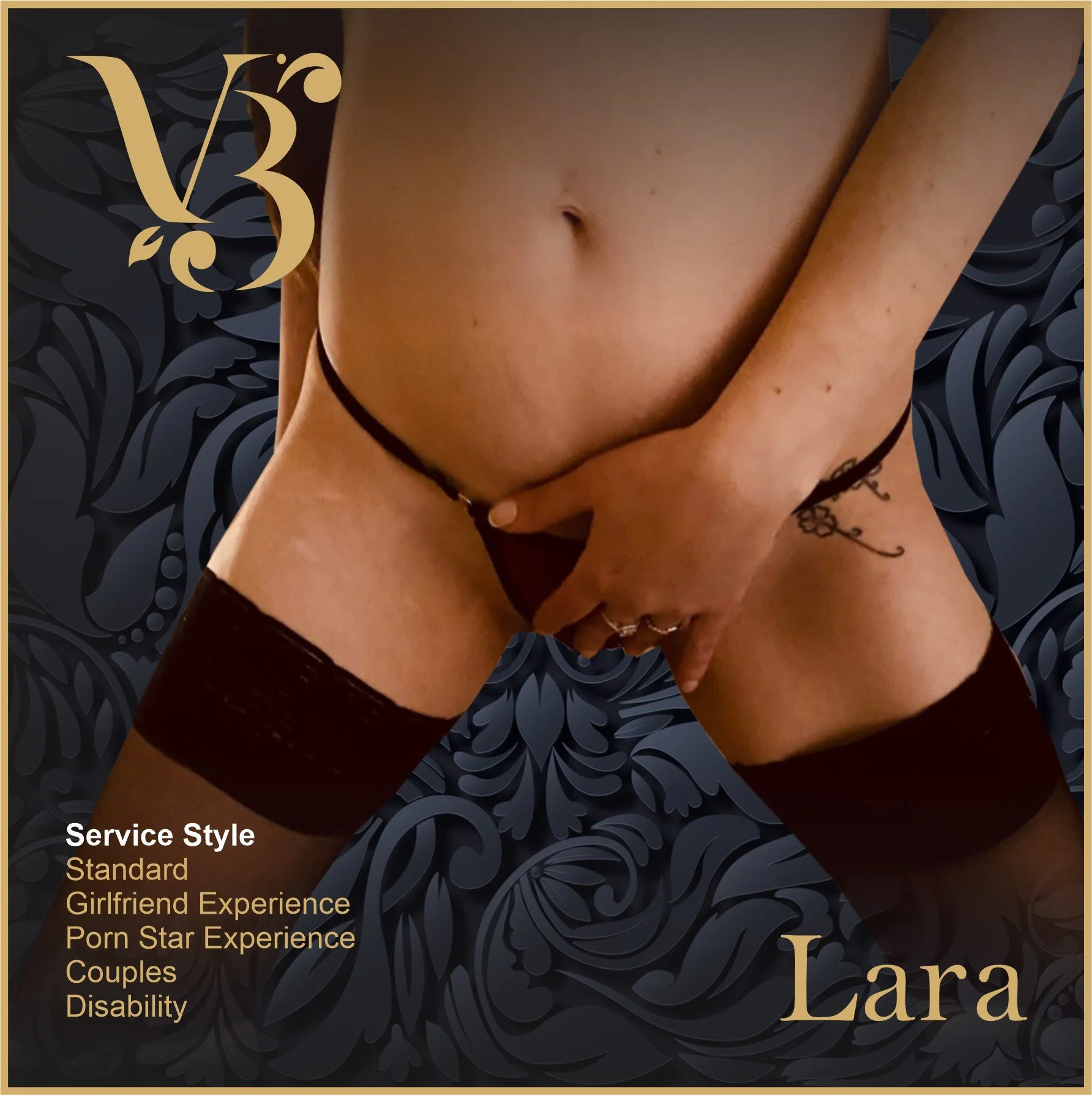 Close-up of a woman wearing thigh-high stockings and a thong, covering her genitals with her hand, with a black tattoo on her side. The background has a dark floral pattern with gold lettering and design elements, including the name 'Lara'.
