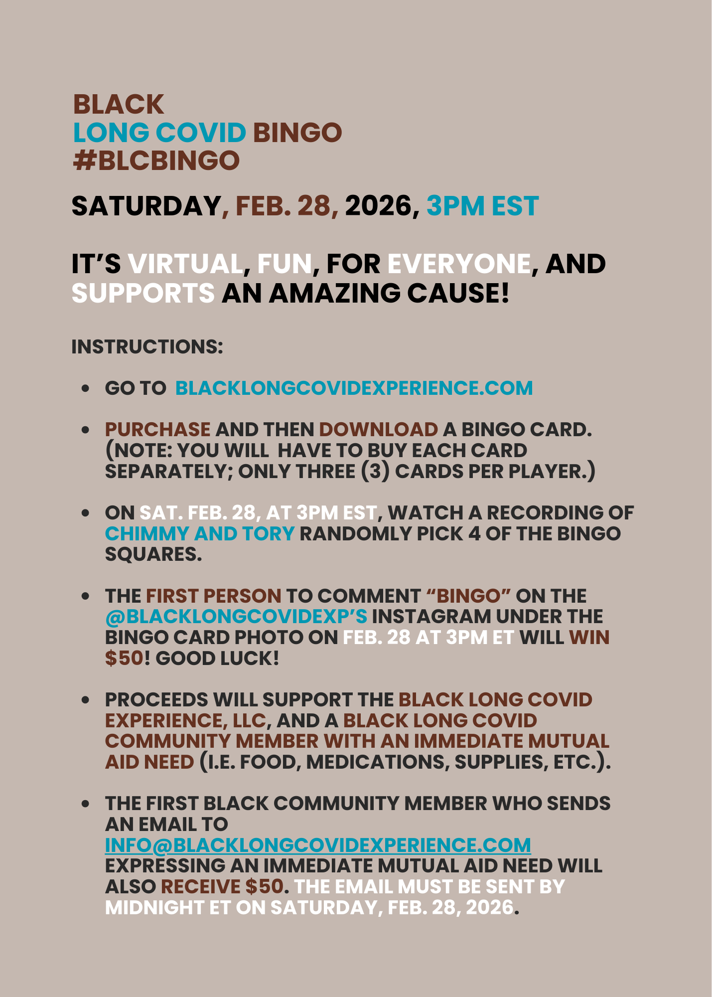 Black Long Covid BINGO Card