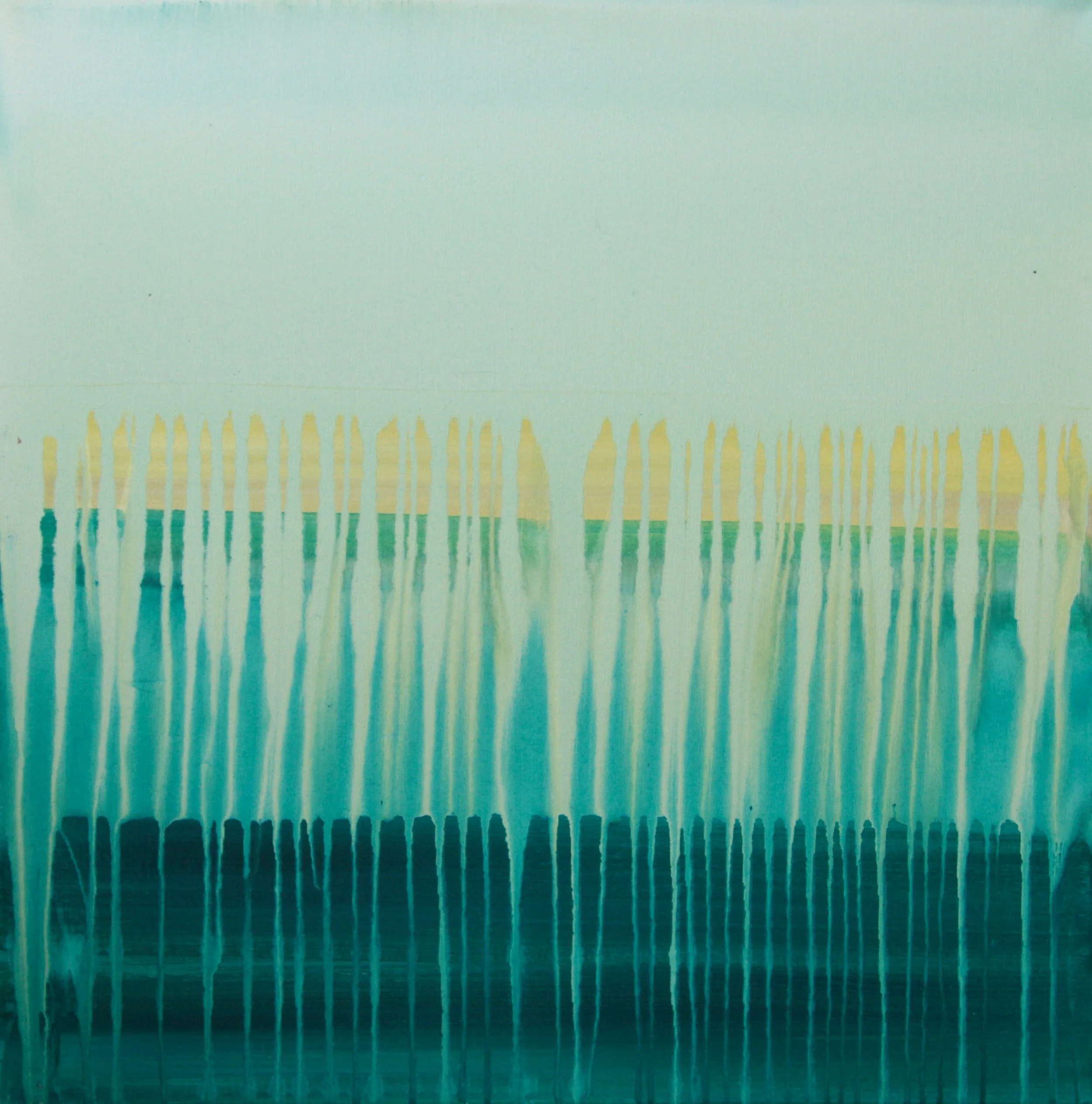 A light blue computer screen with pixelated vertical lines at the bottom, which change color from yellow to green to blue.