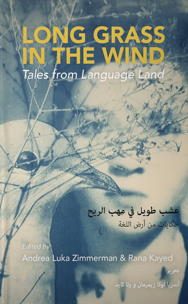 Book cover of "Long Grass in the Wind: Tales from Language Land" with an abstract image of a person's face partially obscured by grass and foliage