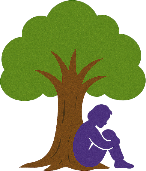 Illustration of a person sitting under a large green tree, appearing contemplative or sad.