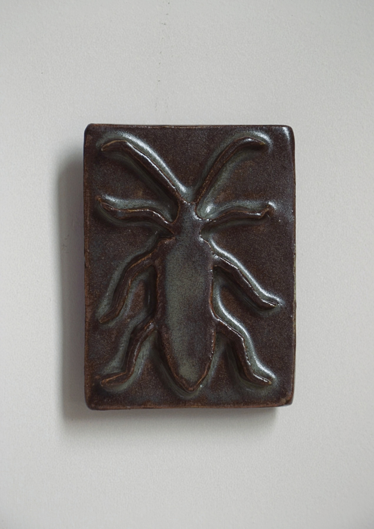 Une plaque en céramique avec une décoration en relief d'un insecte en relief, de couleur foncée.