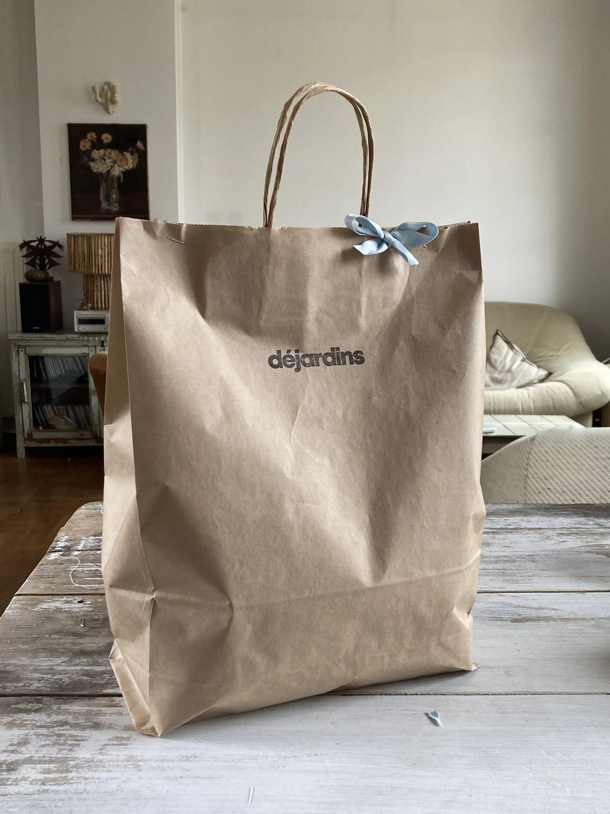 Deux sacs en papier marron avec le logo 'déjardins', un avec un ruban bleu attaché en nœud, placés sur une table en bois dans un salon.