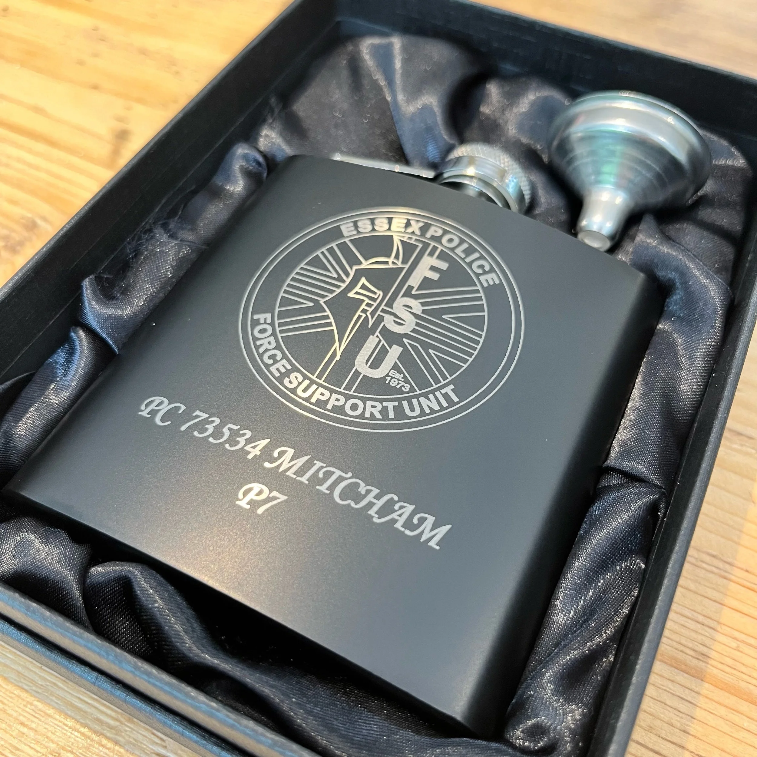 Engraved hip flask in presentation box gift set