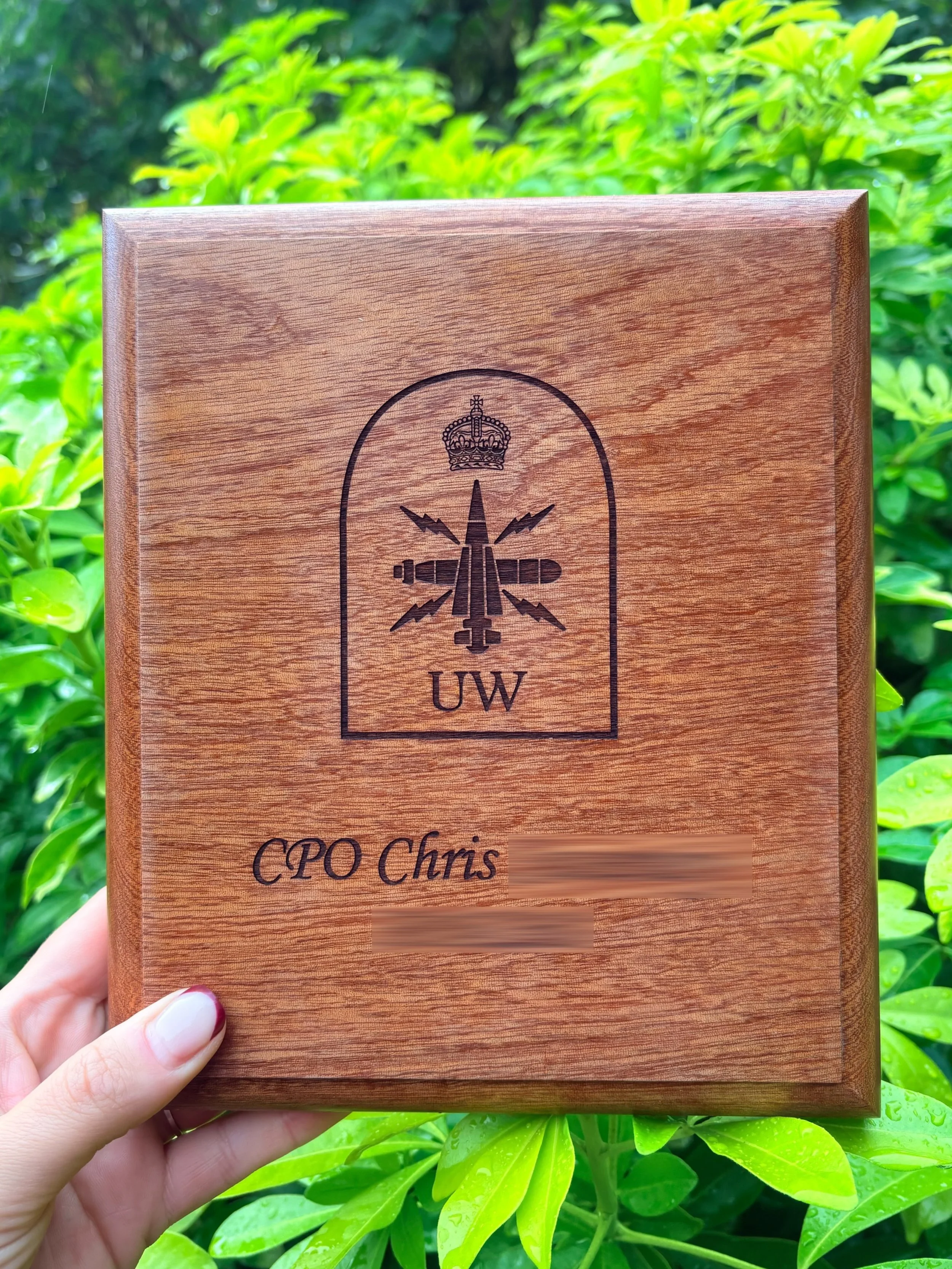 ⚓ Todays woodwork - featuring the Royal Navy Underwater Weapons branch badge.

A lovely way to mark a promotion, retirement, leaving do or just recognise someone&rsquo;s time in the Royal Navy.

These can be personalised with any branch badge, rank, 