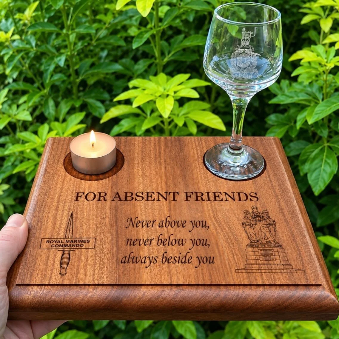 🥃 FOR ABSENT FRIENDS 🥃 

A special way to remember those who are gone, but never forgotten.

Our engraved wooden remembrance plinth comes complete with a port glass and tea light candle.

Personalise with your own wording, unit crests or logos to c