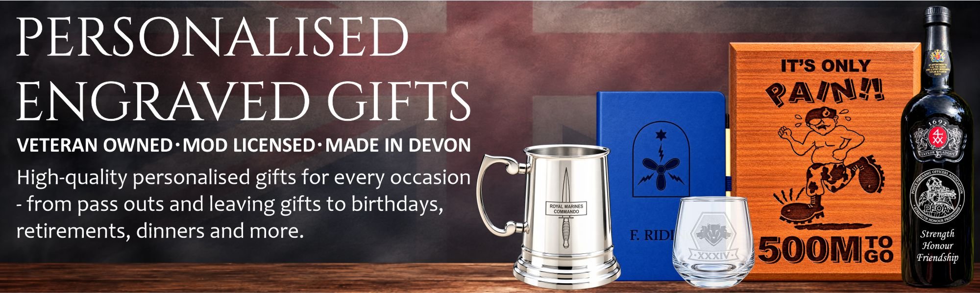 Personalised engraved gifts from Laser Carve Engraving, featuring an engraved metal tankard, blue notebook, whisky glass, wooden plaque and port bottle against a faded Union Jack background.
