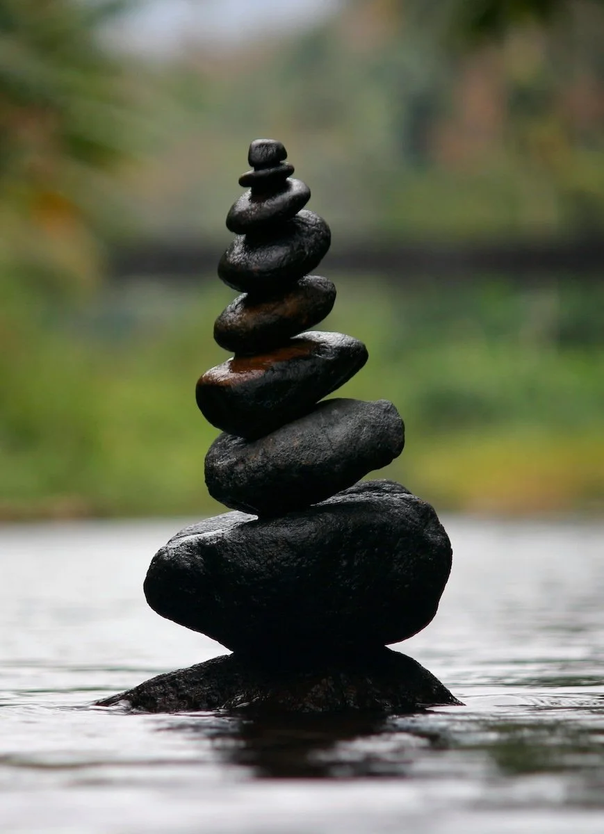 Stacked black stones balanced on water in a natural outdoor setting.