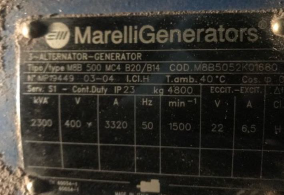 Marelli Generators nameplate displaying specifications of an alternator-generator including model type, code, power ratings, and technical details.