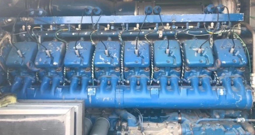 Large industrial engine, primarily blue, with visible pistons and wiring.
