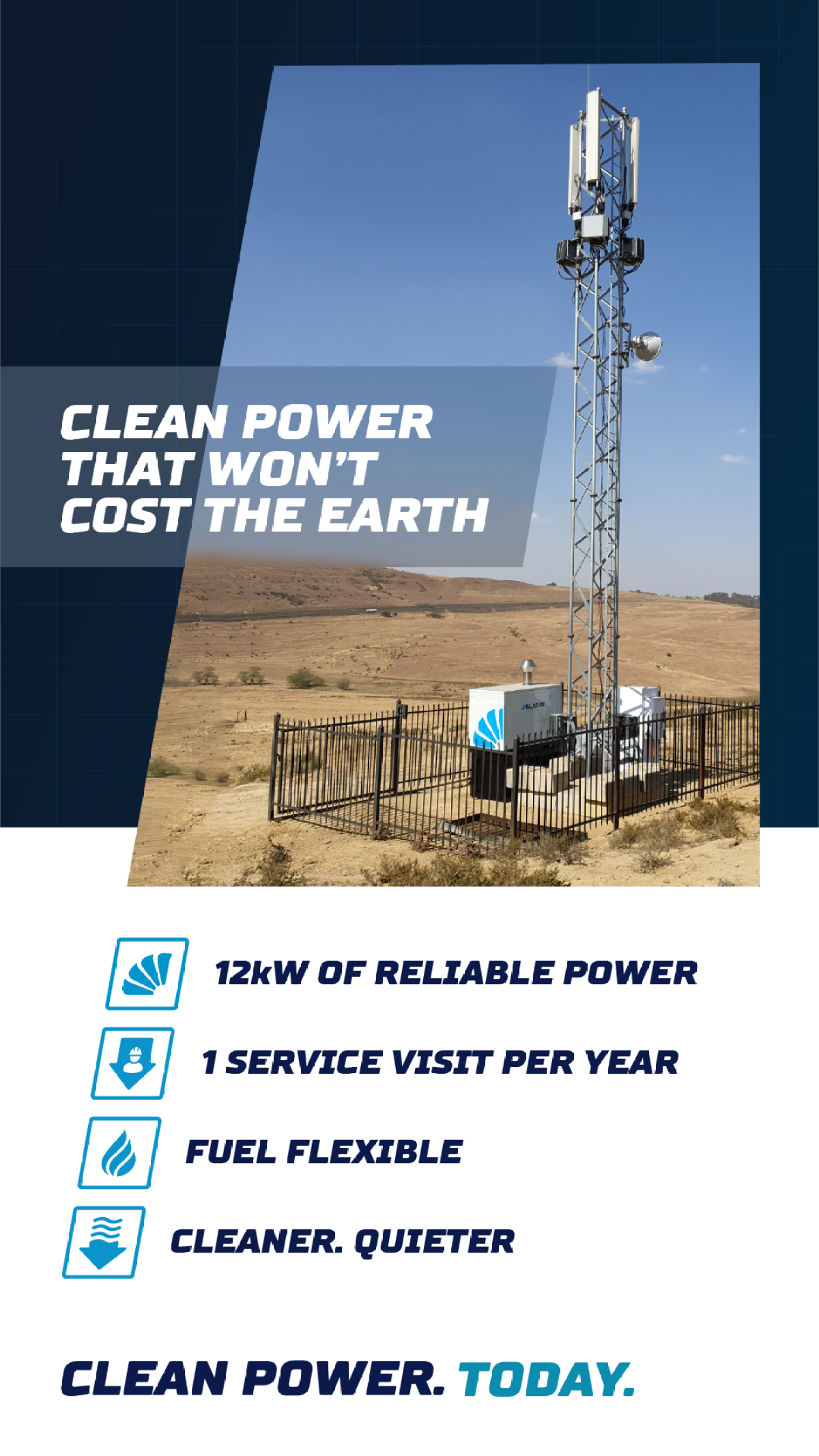 A wind turbine installation in a rural landscape with text promoting clean and reliable 12kW power. Features include one service visit per year, fuel flexibility, and its quiet, cleaner operation. Marketing slogan: 'Clean Power That Won't Cost the Earth.'"