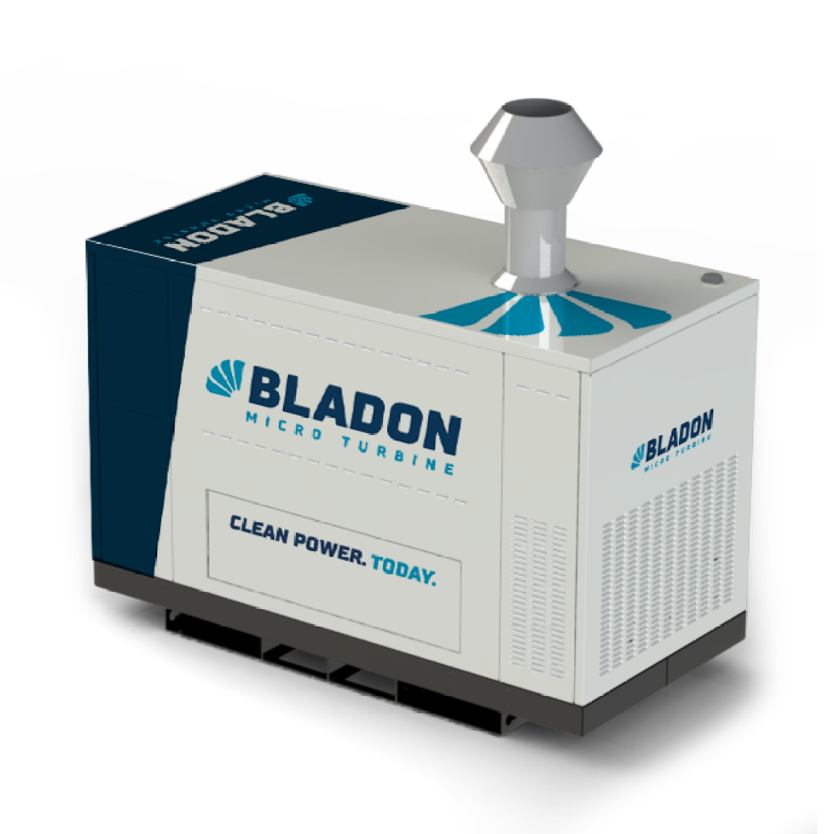 Bladon micro turbine with branding and text "Clean Power. Today." on its side.