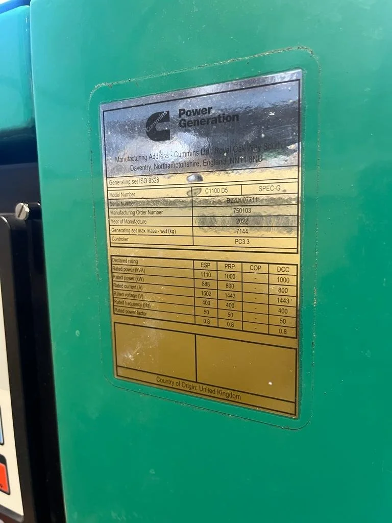 Cummins power generation equipment label with specifications