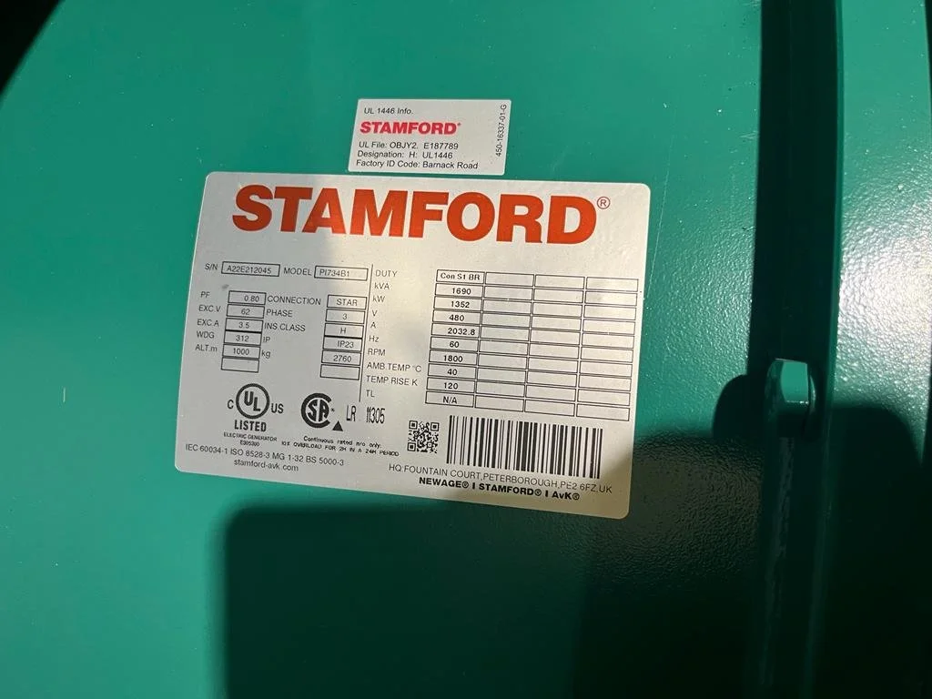 Stamford generator nameplate with technical specifications and UL listing.