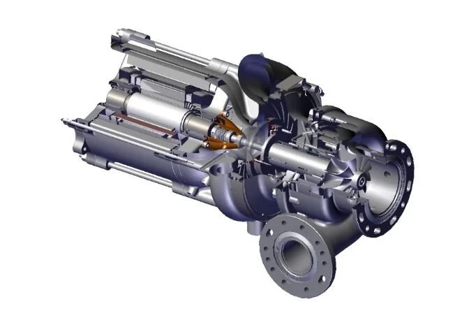 Cutaway view of mechanical pump with visible components.