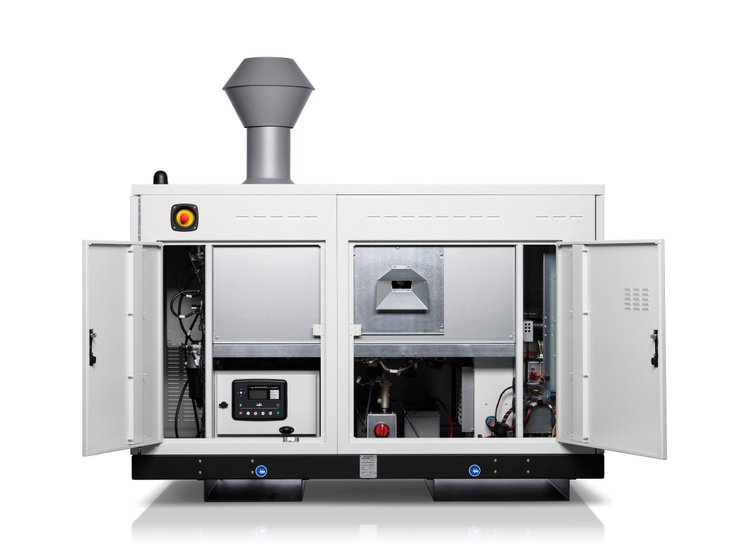 Industrial generator with open doors showing interior components and control panel