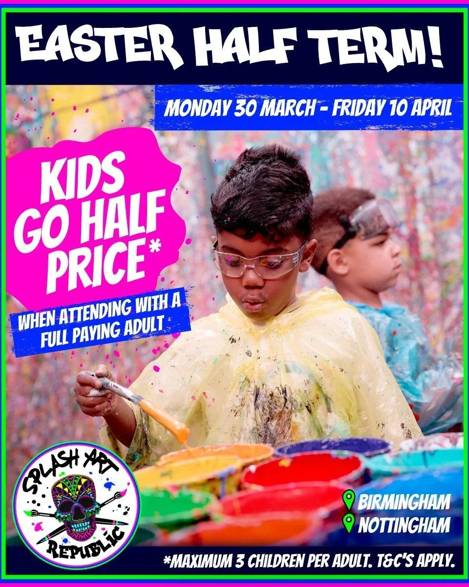 ⭐️ KIDS GO HALF PRICE THIS EASTER HALF TERM IN NOTTINGHAM AND BIRMINGHAM!⭐️

Looking for something fun (and a little different) to keep the kids busy this Easter half term? 🎨✨

At Splash Art Republic, your little artists can get creative while you e