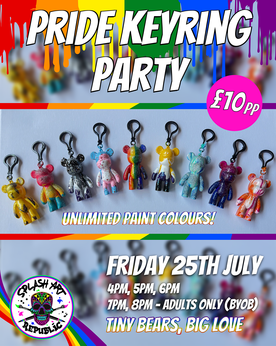 Pride Keyring Party Poster showing rainbow keyrings and information about event details.