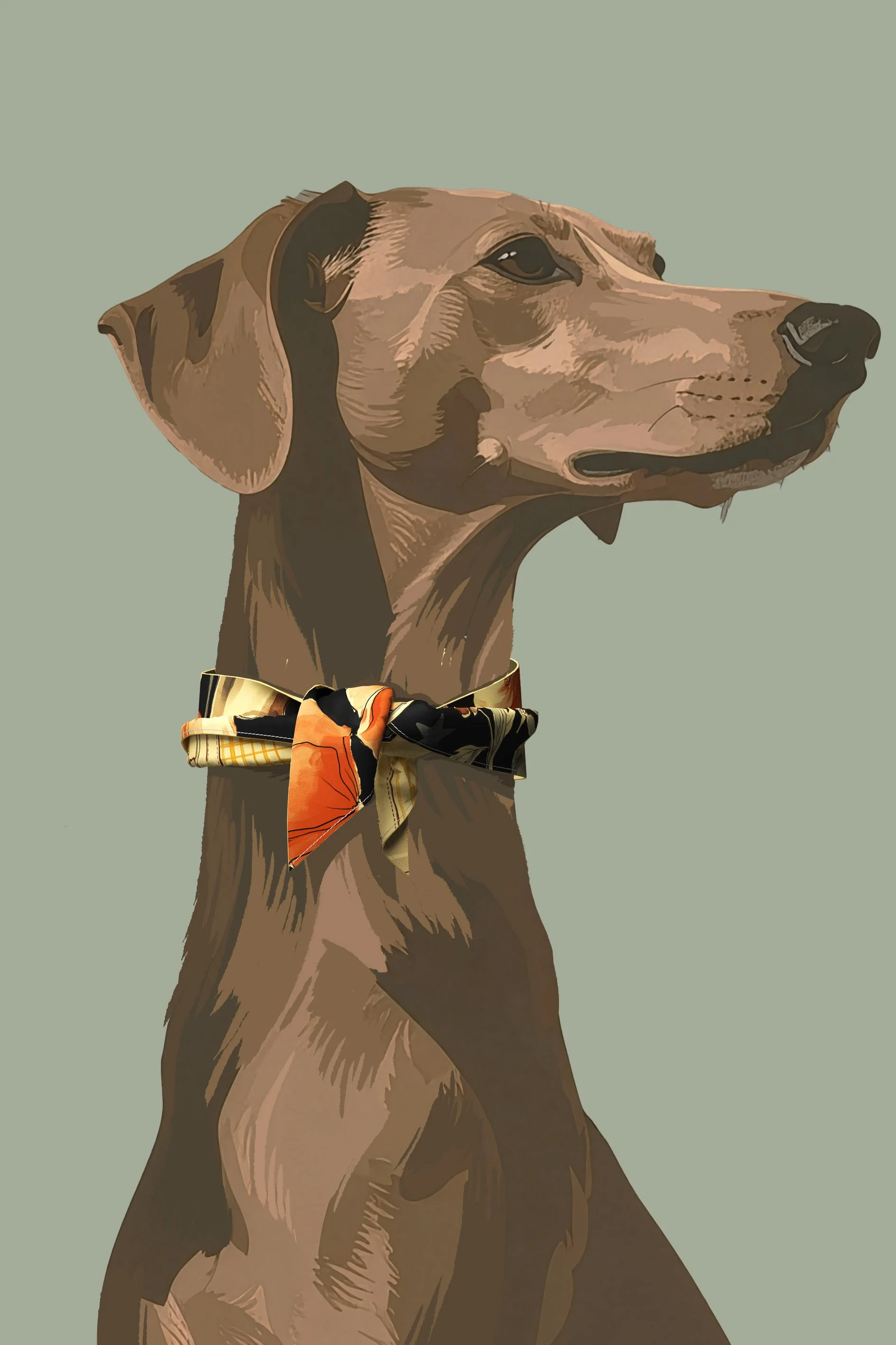 Illustration of a dog wearing a colorful scarf around its neck against a plain background.