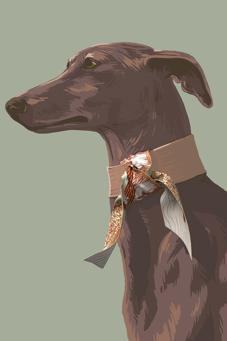 Illustration of a dog with a brown coat wearing a patterned scarf and a brown collar, set against a muted green background.