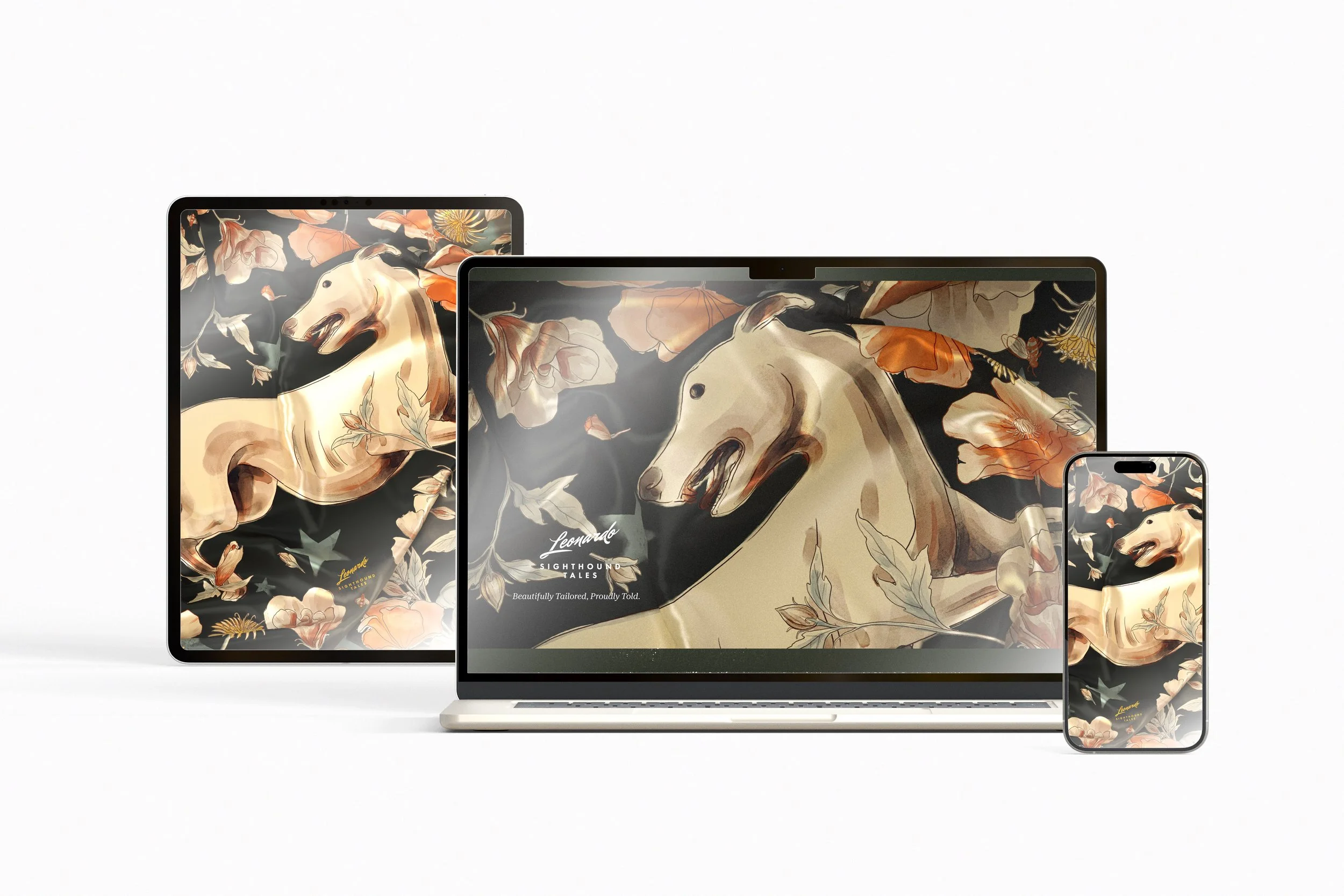 Multiple electronic devices, including a tablet, laptop, and smartphone, displaying matching artistic images of a greyhound surrounded by floral patterns.
