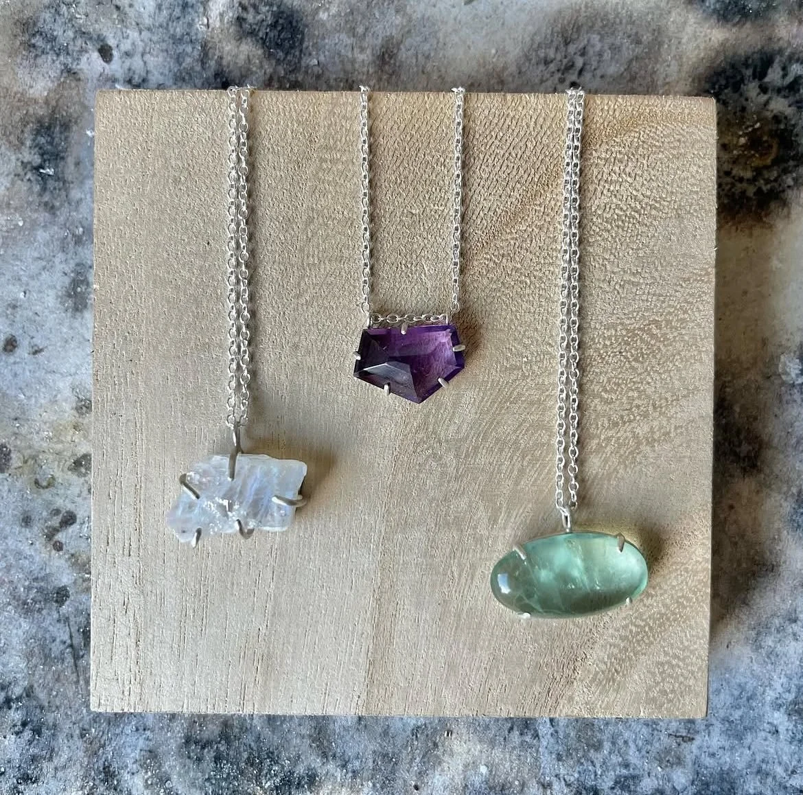 Making custom claw settings for unusually shaped and sized gemstones is always fun. I love the beauty of asymmetry and organic shapes. 

I&rsquo;m reluctantly saying goodbye to these rainbow moonstone, amethyst, and fluorite stones as they make their