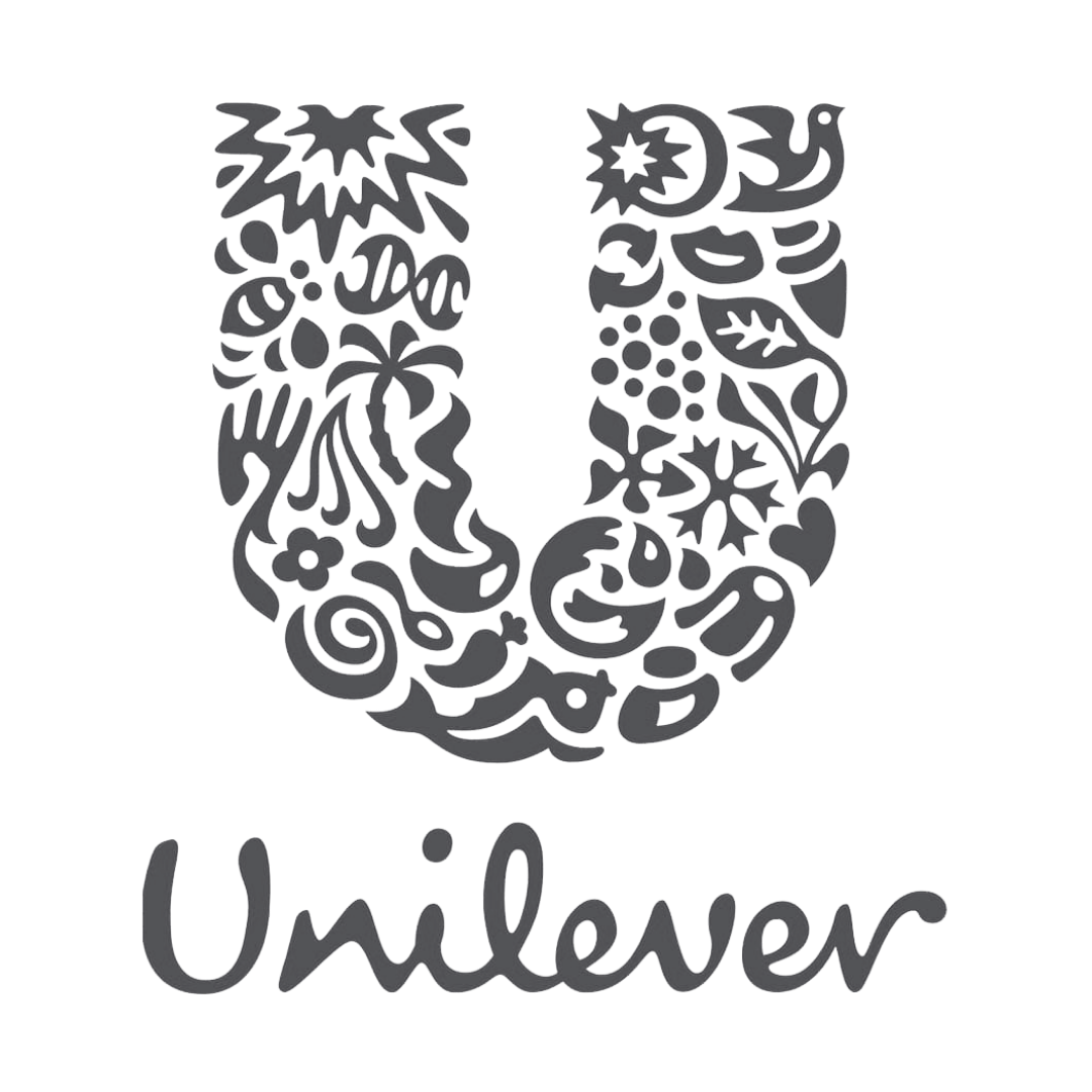 A black background with a stylized letter 'U' made of various light gray decorative floral and abstract shapes. The word 'Unilever' is written below in a matching light gray cursive font.