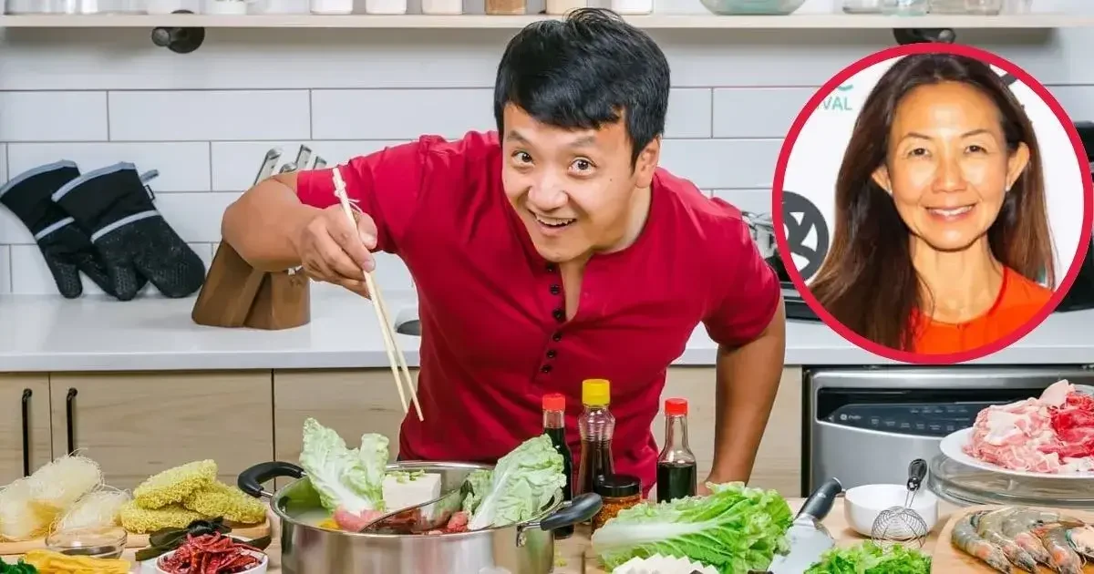 A man in a red shirt cooking with ingredients and condiments on a kitchen counter, with an inset image of a woman with long hair smiling.
