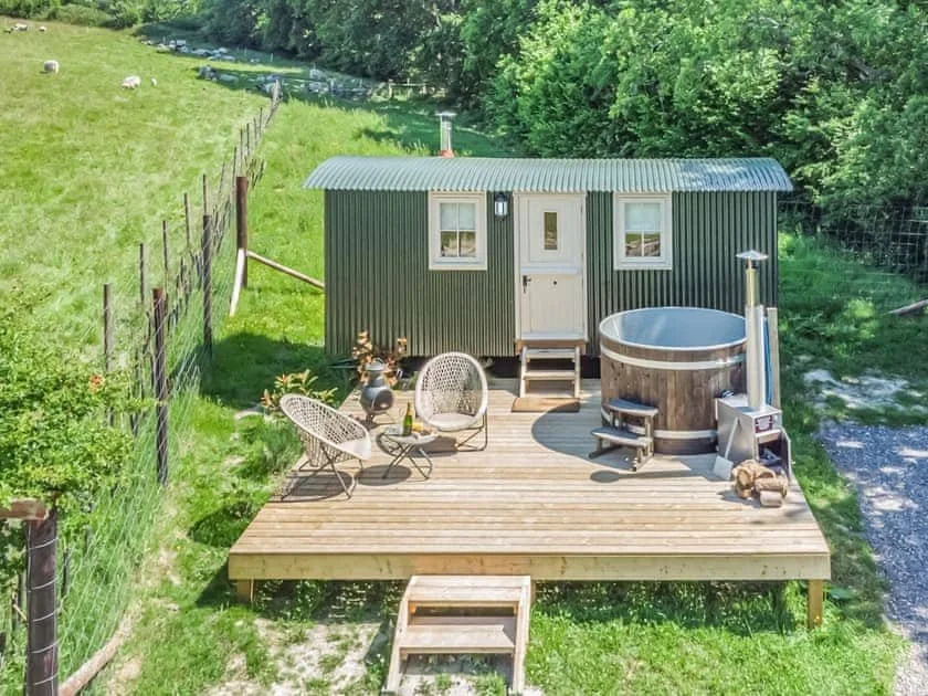 Small green cabin with wooden deck and hot tub surrounded by greenery.