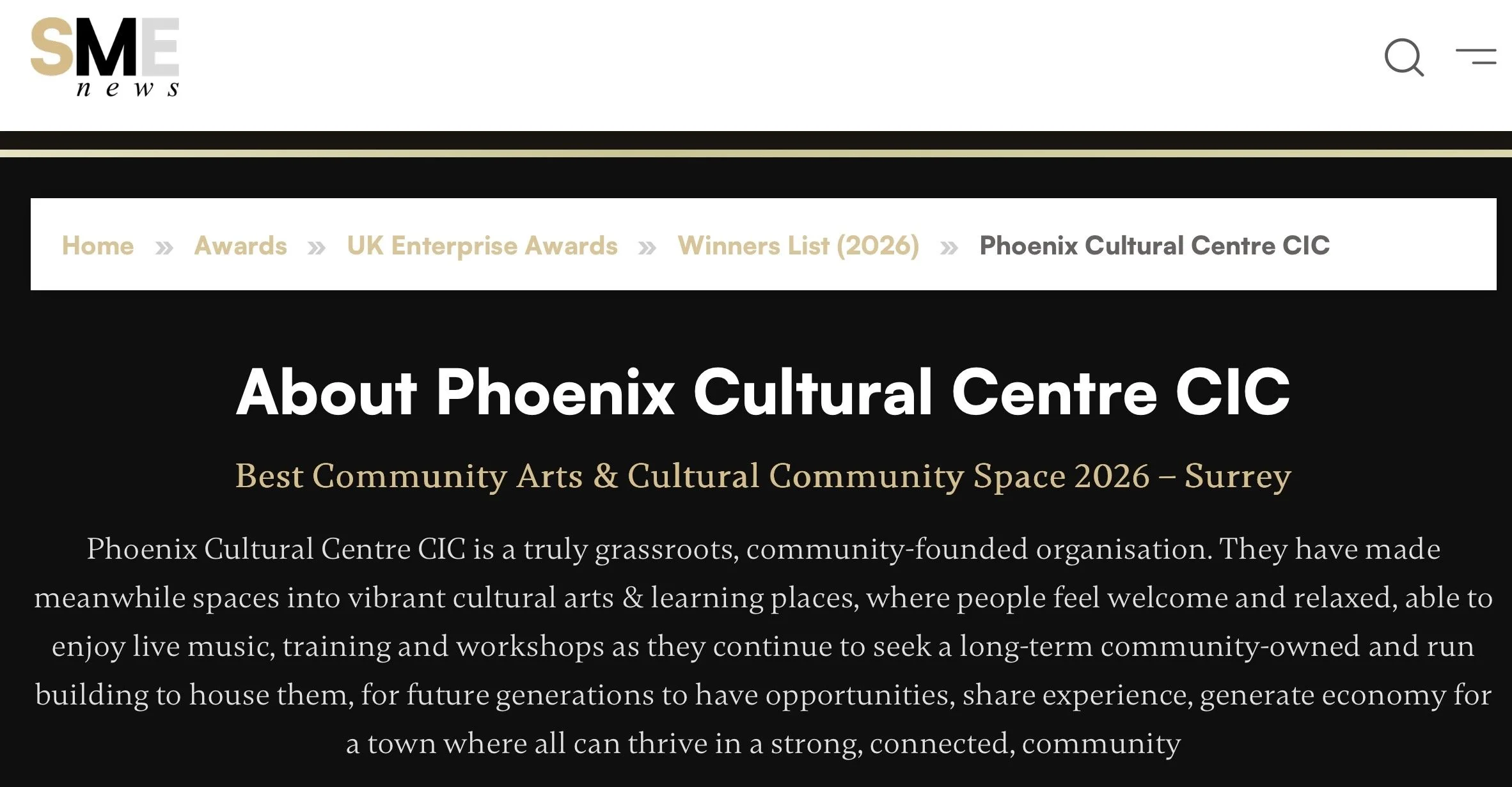 Phoenix Named Best Community Arts &amp; Cultural Space 2026 - Surrey