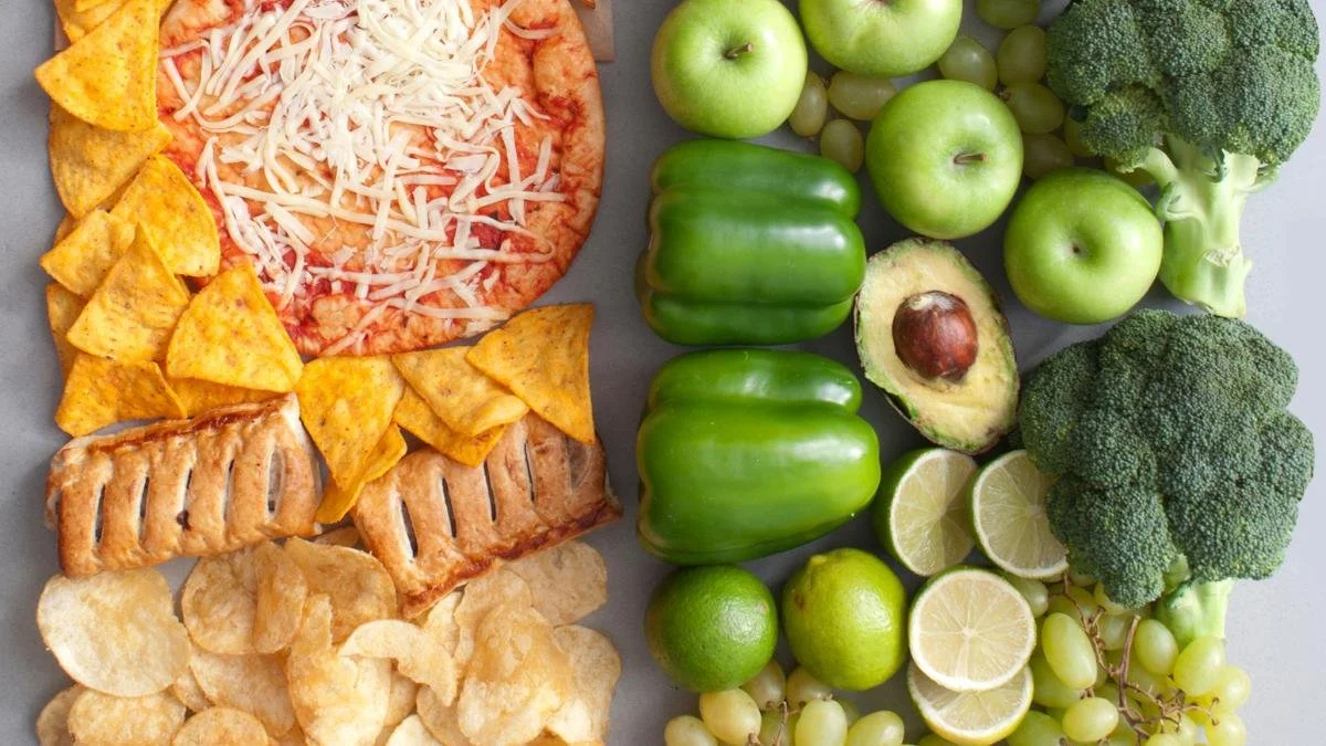 Side-by-side comparison of whole foods and processed foods illustrating changes in modern dietary patterns