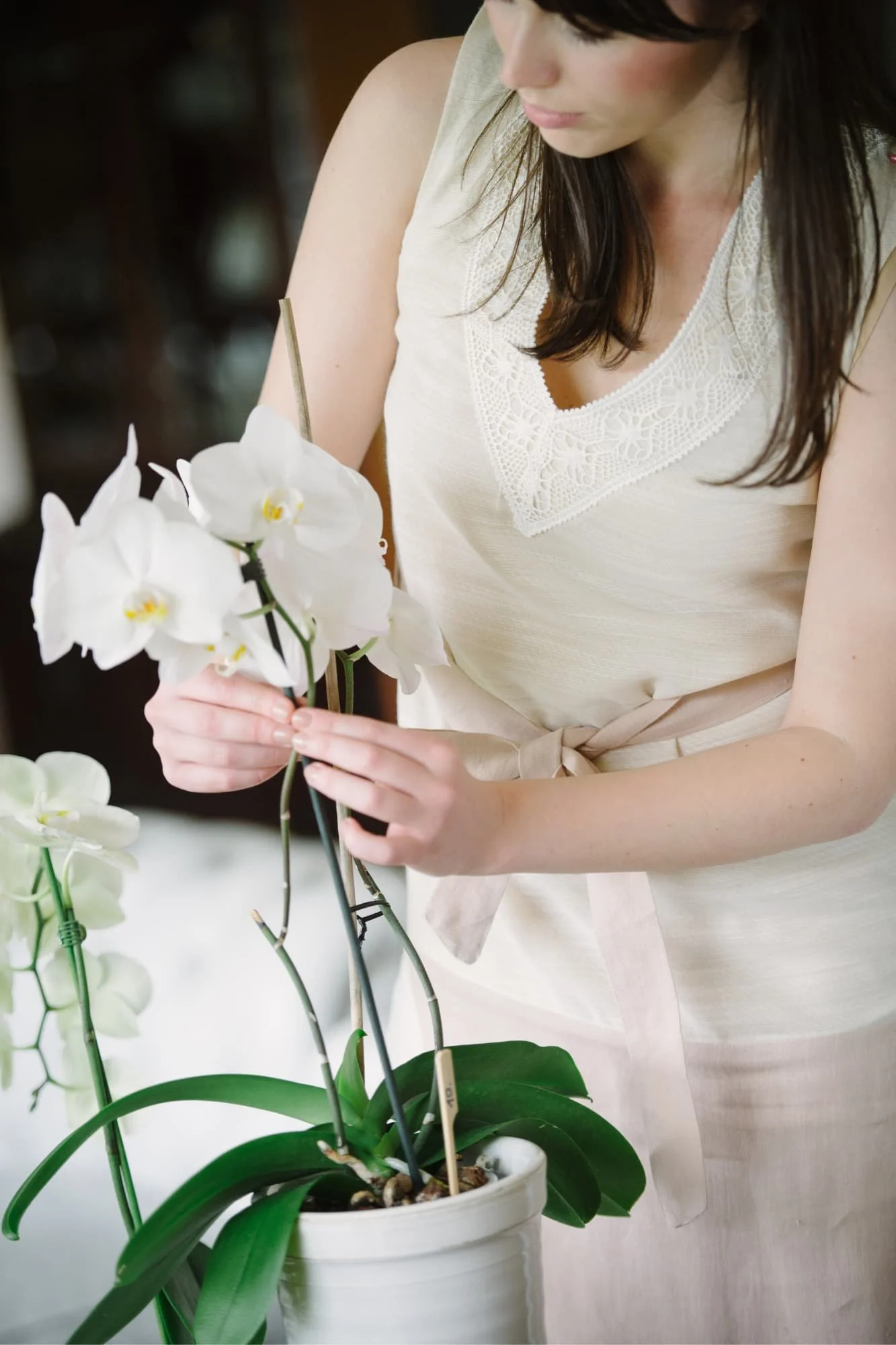 Vibrant woman in white blouse arranging flowers self-care hobby