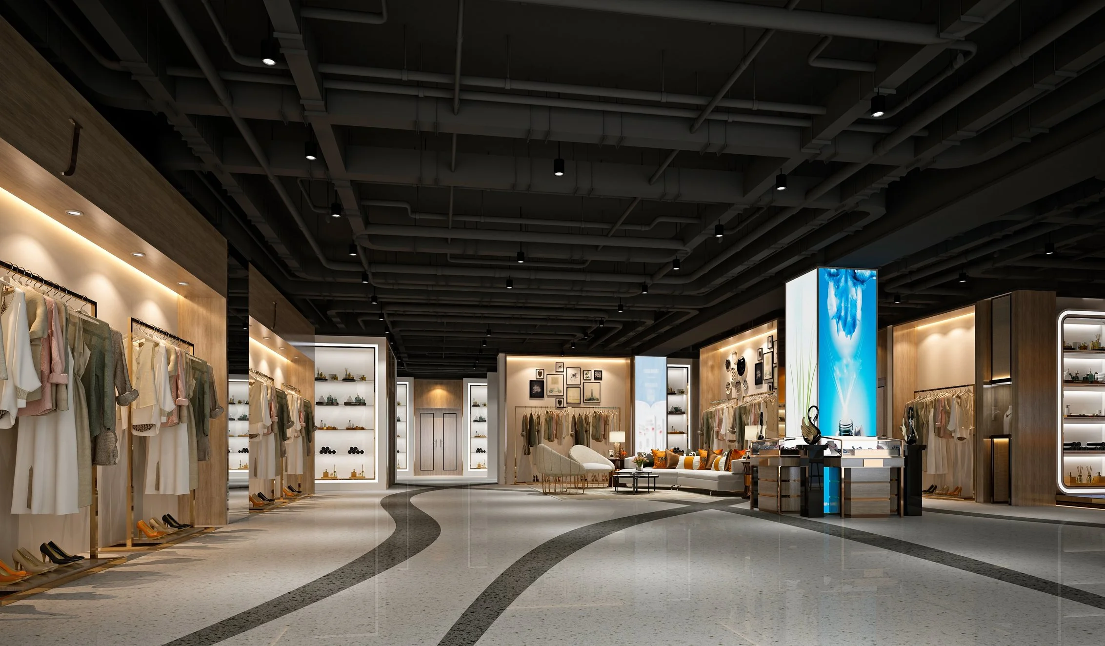 Interior of a modern boutique clothing store with display racks of clothing, footwear, and decorative items under a black ceiling with exposed ductwork and small spotlights. There is a sitting area with chairs and a coffee table near the back.