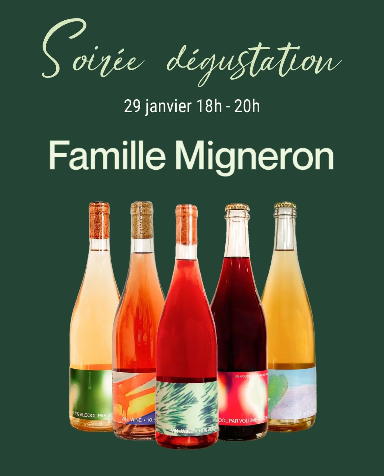SOIR&Eacute;E D&Eacute;GUSTATION FAMILLE MIGNERON🍷

Le jeudi 29 janvier 2026 nous vous invitons &agrave; d&eacute;couvrir une belle s&eacute;lection de vins nature de la @famille.migneron . Servis avec de petites bouch&eacute;es originales pr&eacute