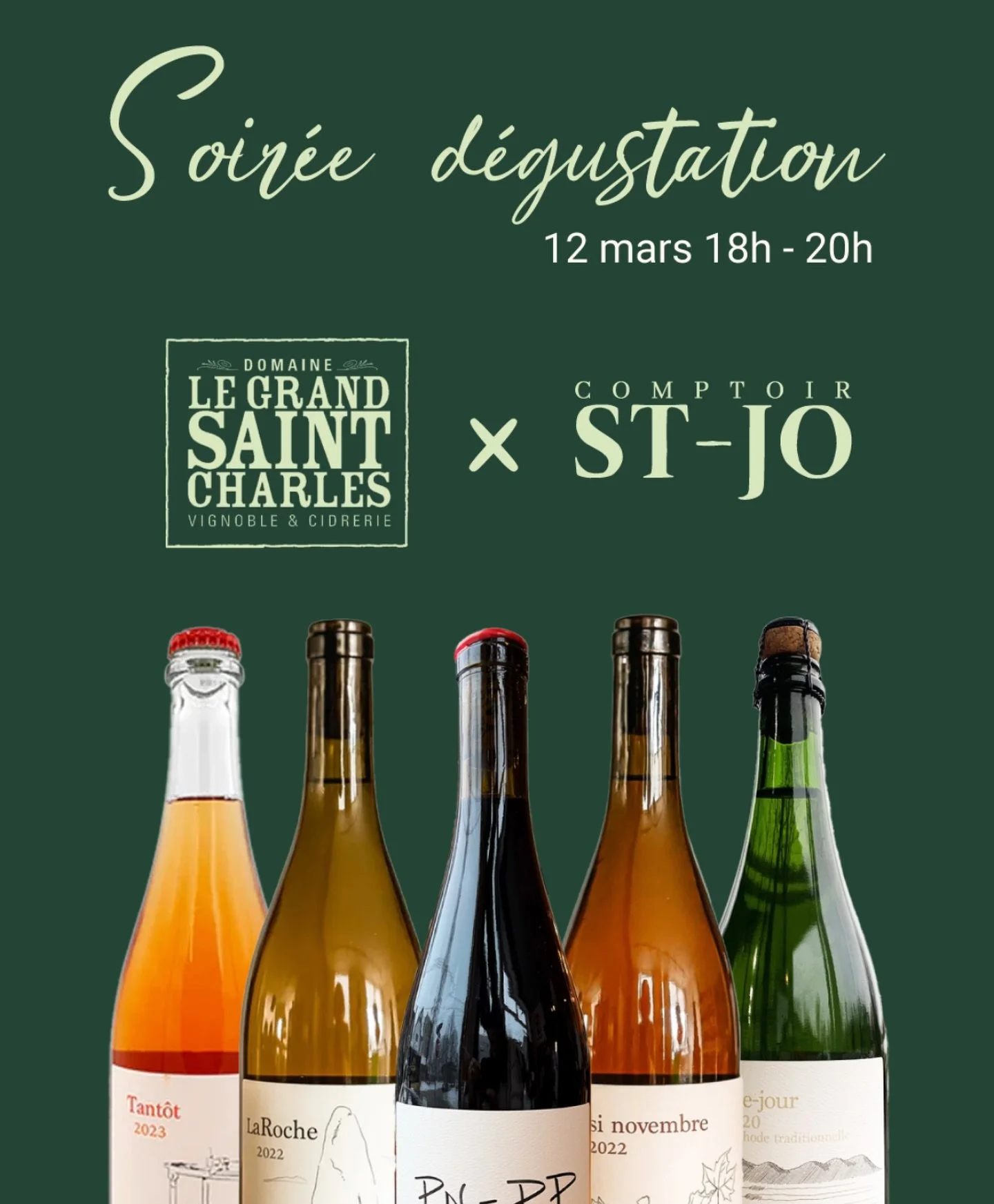 SOIR&Eacute;E D&Eacute;GUSTATION 🍷

Le jeudi &mdash; mars 2026 nous sommes ravis d&rsquo;accueillir le Domaine Le Grand Saint-Charles pour d&eacute;guster 5 &agrave; 6 de leurs bons jus ! Vous aurez le plaisir de rencontrer les vignerons qui partage
