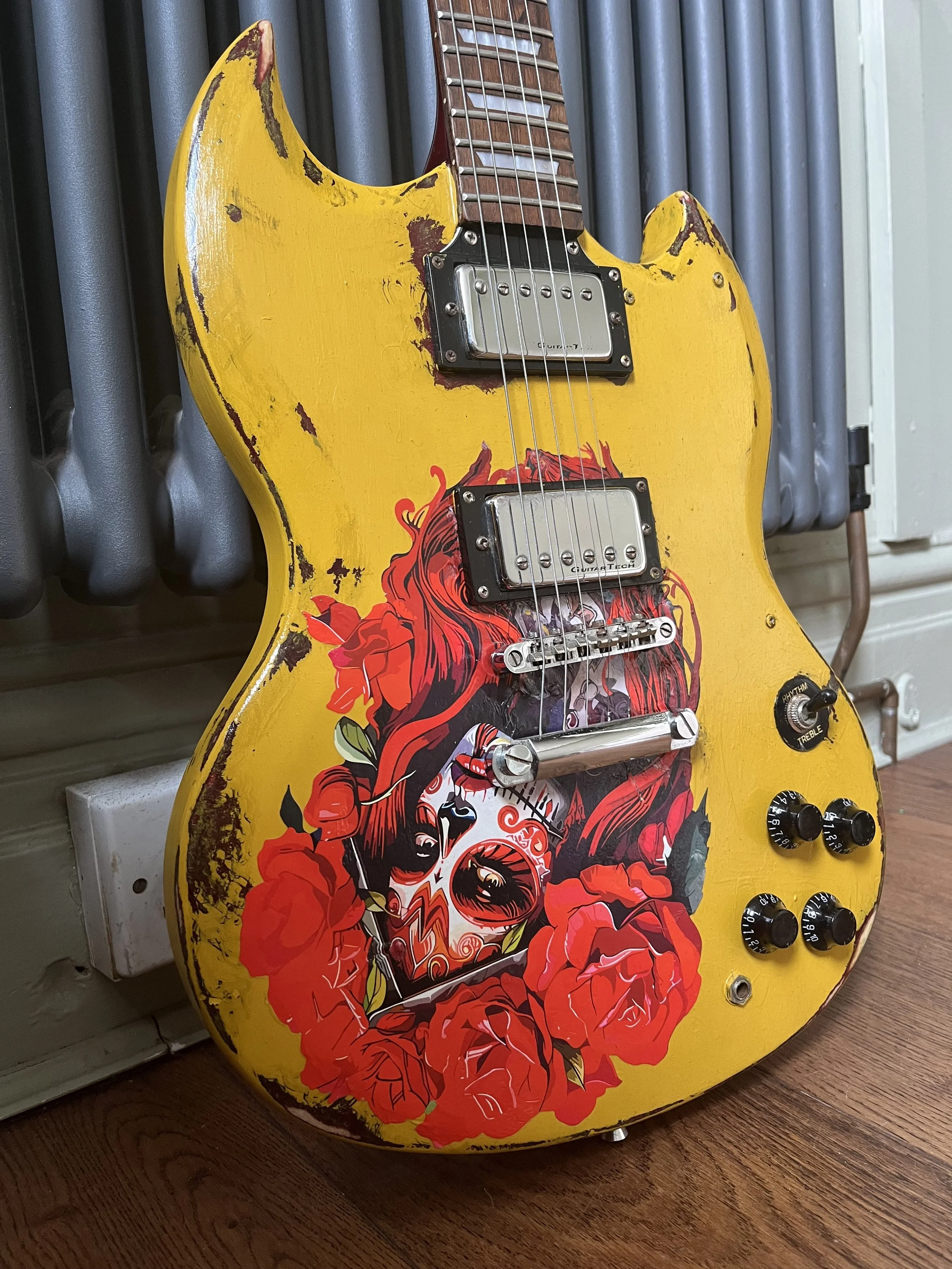 SG Electric Guitar with Day of the Dead Design and relic finish
