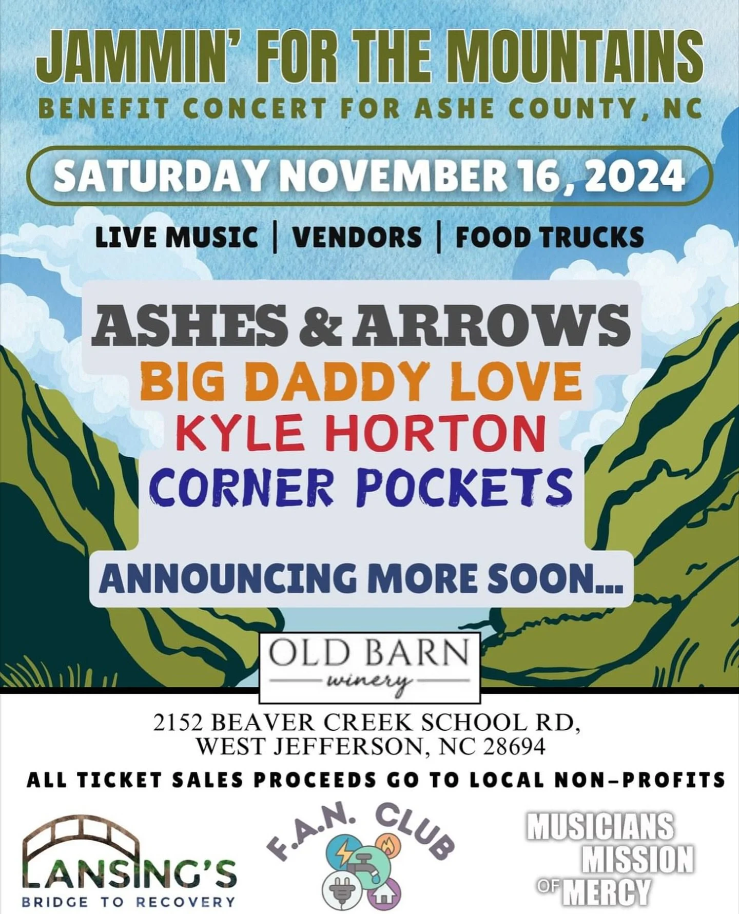🎟️ 𝐓𝐈𝐂𝐊𝐄𝐓𝐒 𝐍𝐎𝐖 𝐀𝐕𝐀𝐈𝐋𝐀𝐁𝐋𝐄 🎟️ 
Join us for a benefit concert supporting those impacted by Hurricane Helene in Ashe County, NC.

𝐉𝐚𝐦𝐦𝐢𝐧&rsquo; 𝐟𝐨𝐫 𝐭𝐡𝐞 𝐌𝐨𝐮𝐧𝐭𝐚𝐢𝐧𝐬 
Saturday 11/16/24 12:00 - 8:00 PM

Please like, s