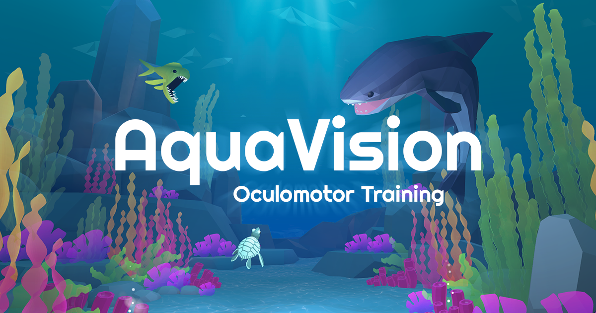 Promotional image for AquaVision Oculus motor training, featuring cartoon sea creatures such as sharks, fish, pufferfish, and a turtle, with a VR headset in the center, and text indicating availability on Meta Quest store.