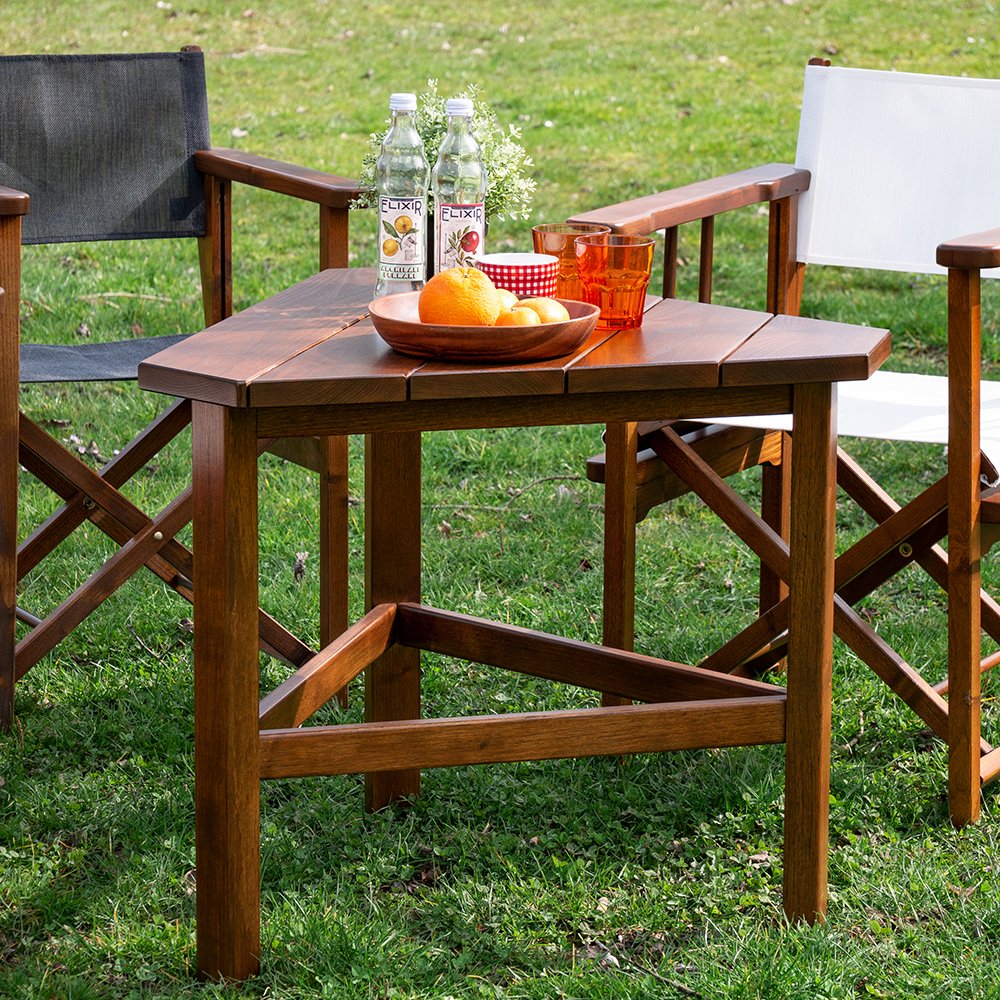 triangular hand made wooden outdoor table made in france and sold by fabryka studios